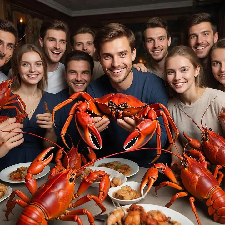 Друзья делают селфи с раками