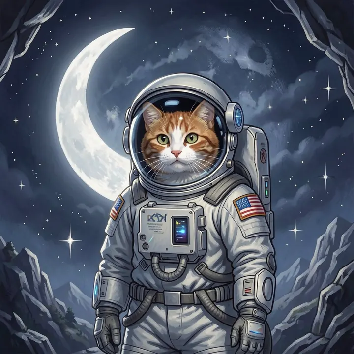 Кот в скафандре на фоне луны и звёзд