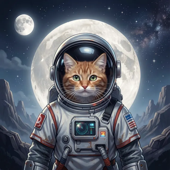 Кот в скафандре на фоне луны